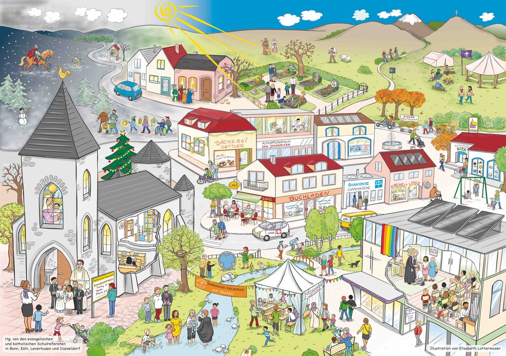 Wimmelbild einer Stadt mit Kirche, Bäckerei, Kindergarten, Schule, Buchhandlung, Krankenhaus und vielen Menschen
