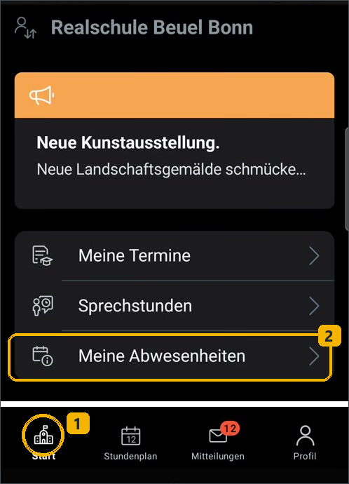 Untis-App: „Start“ und „Meine Abwesenheiten“