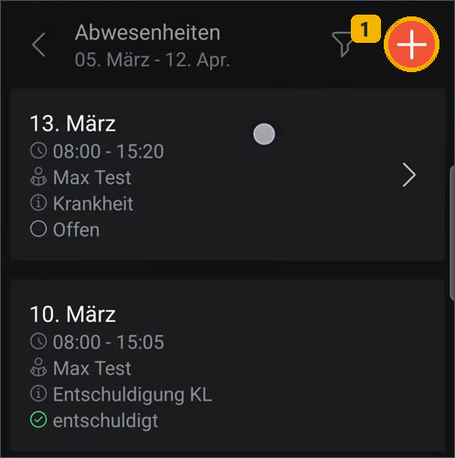 Untis-App: Neue Meldung mit dem Plus beginnen